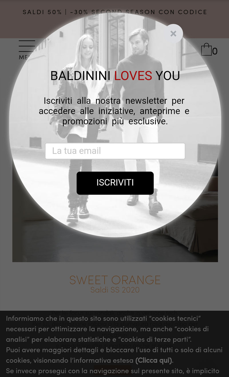 Baldinini, popup iscrizione alla newsletter su mobile