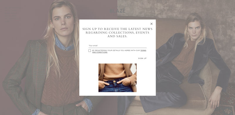 Blazé Milano, popup iscrizione alla newsletter su desktop