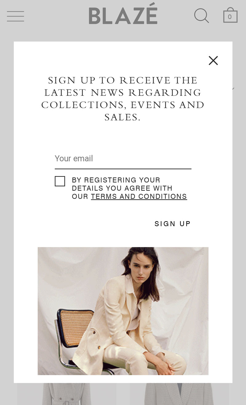 Blazé Milano, popup iscrizione alla newsletter su mobile