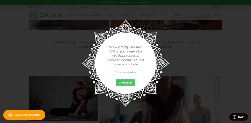 Gaiam, popup iscrizione alla newsletter su desktop