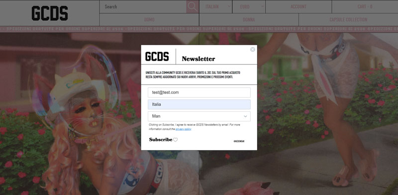 GCDS, popup iscrizione alla newsletter su desktop