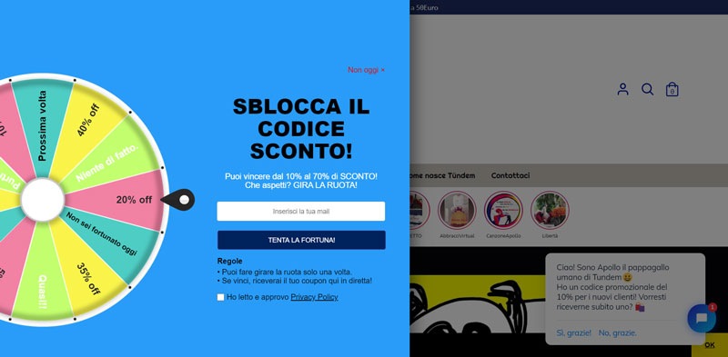 Tundem, popup iscrizione alla newsletter su desktop