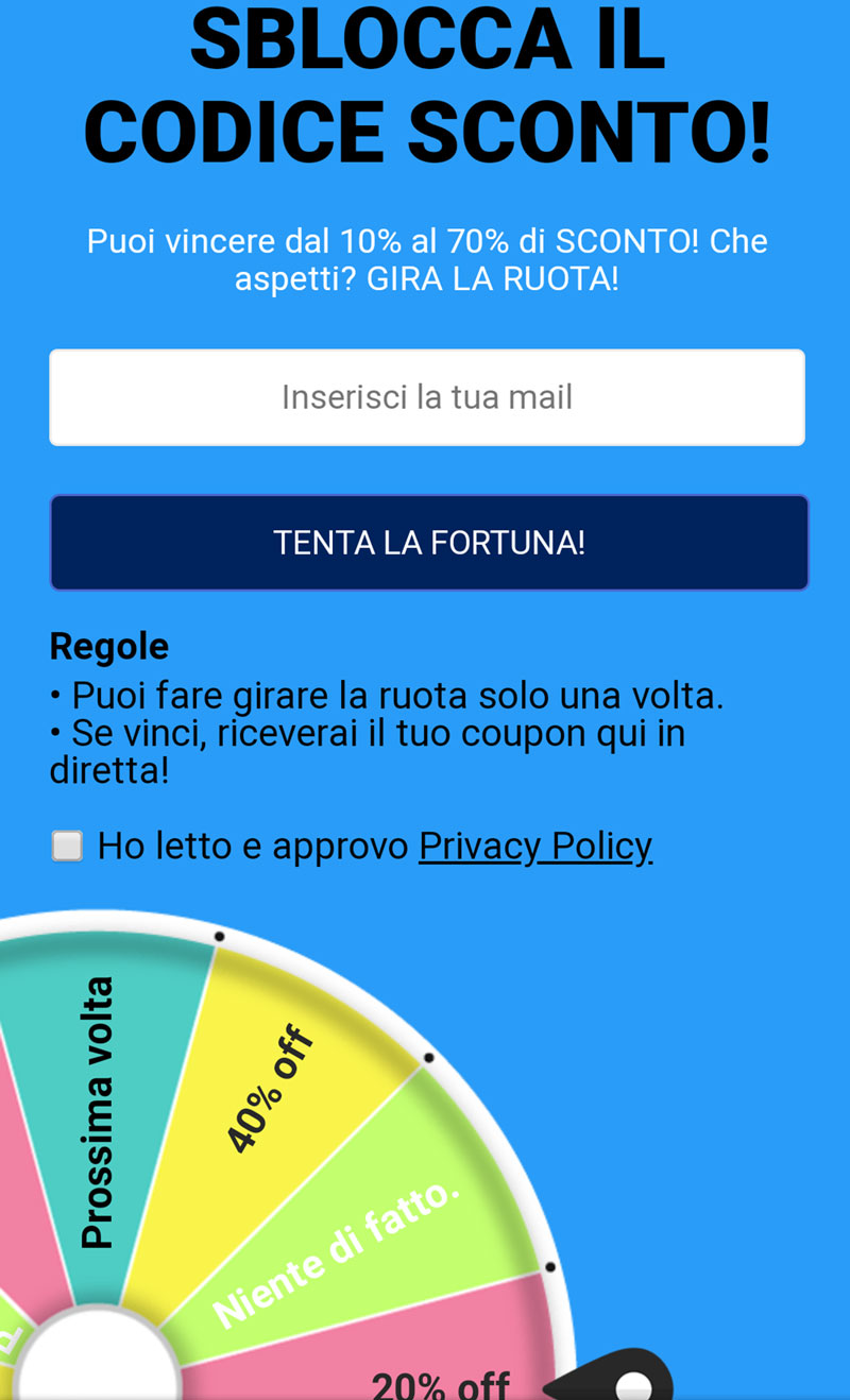 Tundem, popup iscrizione alla newsletter su mobile
