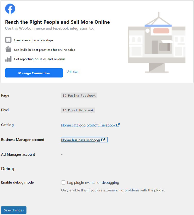 Schermata del plugin per la gestione advertising e shop Facebook For Woocommerce